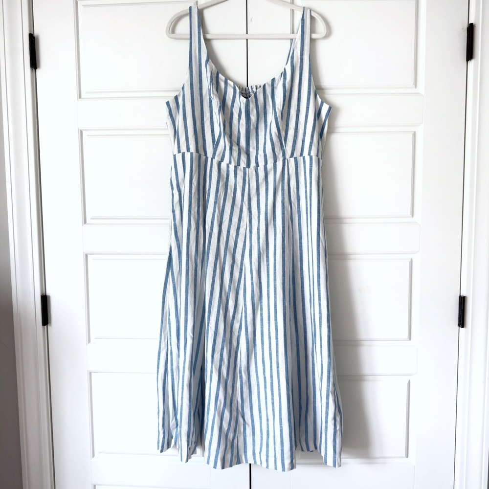 Old Navy Striped Linen Midi Dress XL Blue White Smocked Sundress Coastal Beach